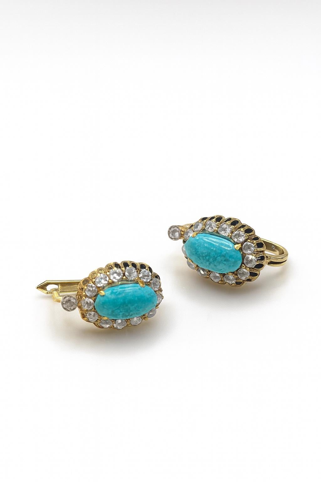 Donna Antique 18K Gold Earrings with Nishapur Turquoise (Shajareh) and Diamond Halo – in vendita