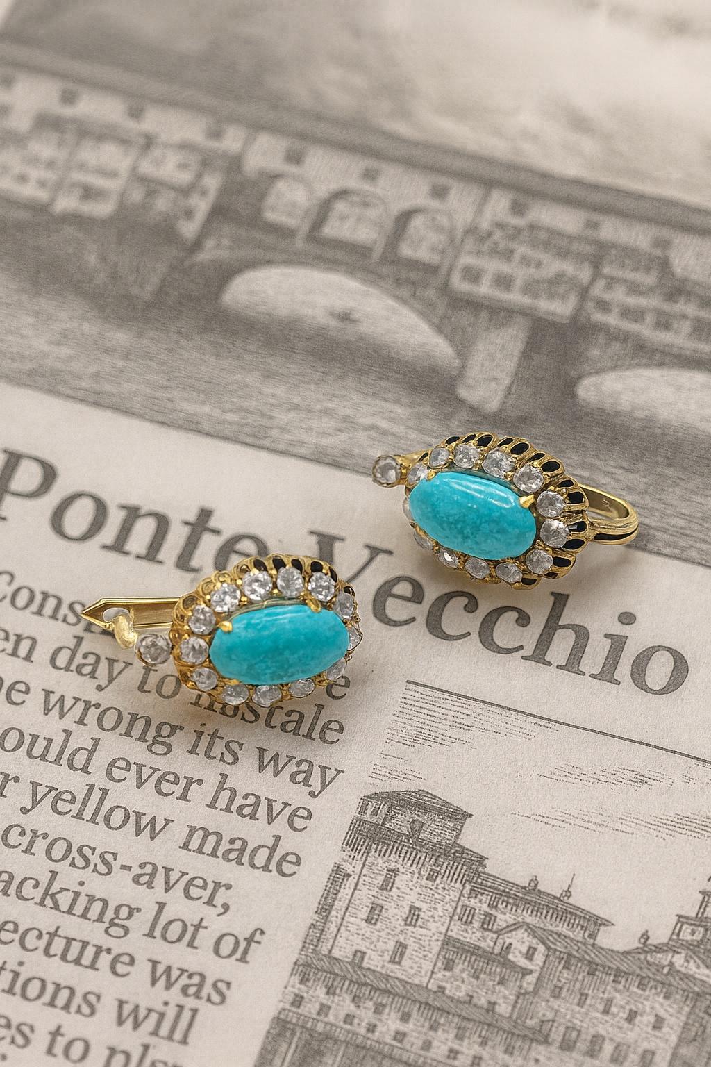 Antique 18K Gold Earrings with Nishapur Turquoise (Shajareh) and Diamond Halo – in vendita 3