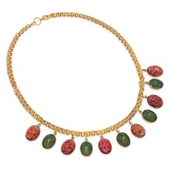 Antique 18k Gold Egyptian Revival Iridescent Beetle & Tourmaline Scarab Necklace