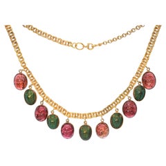 Antique 18k Gold Egyptian Revival Iridescent Beetle & Tourmaline Scarab Necklace