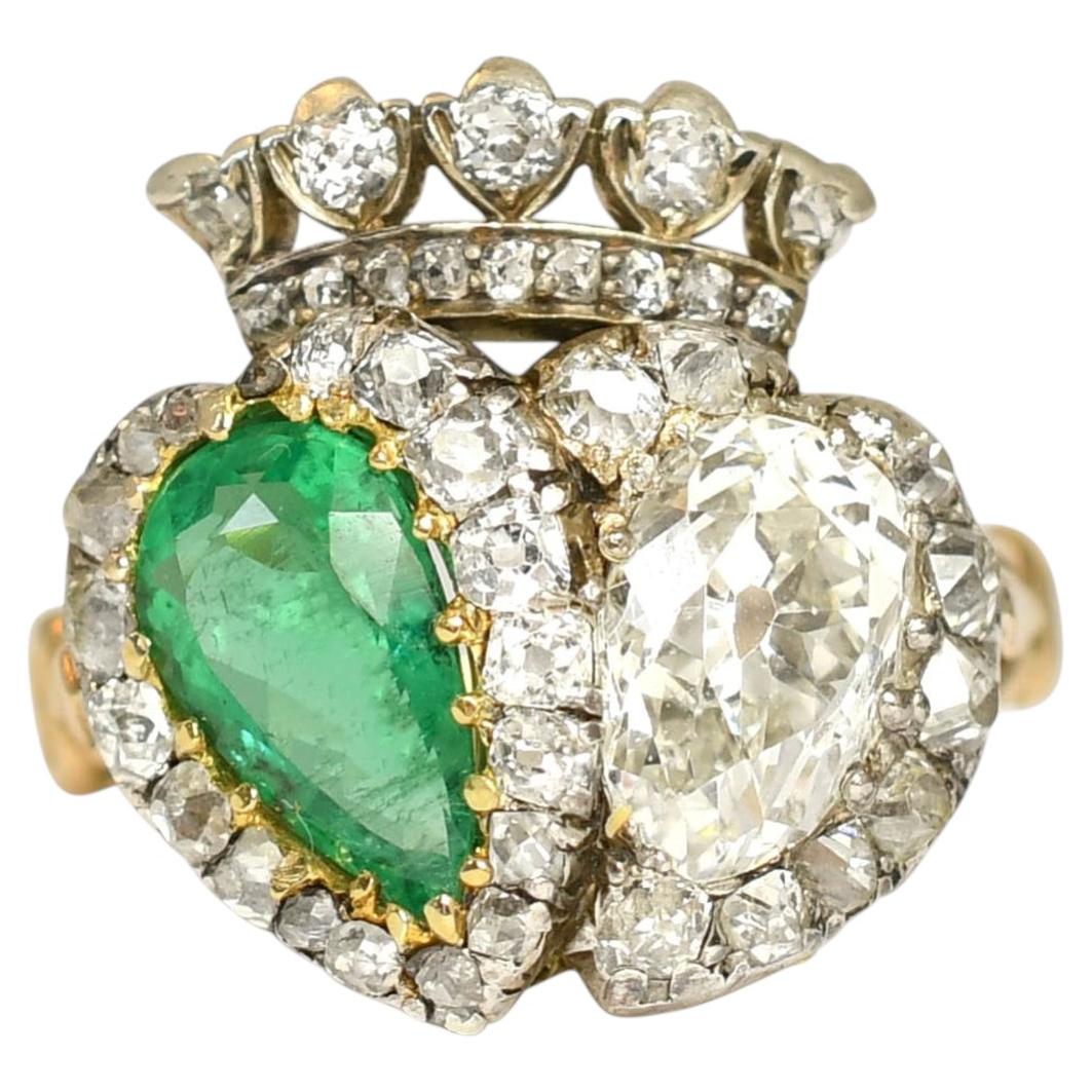 Antique 18k Gold Emerald & Diamond Double Heart Ring, Circa, 1820