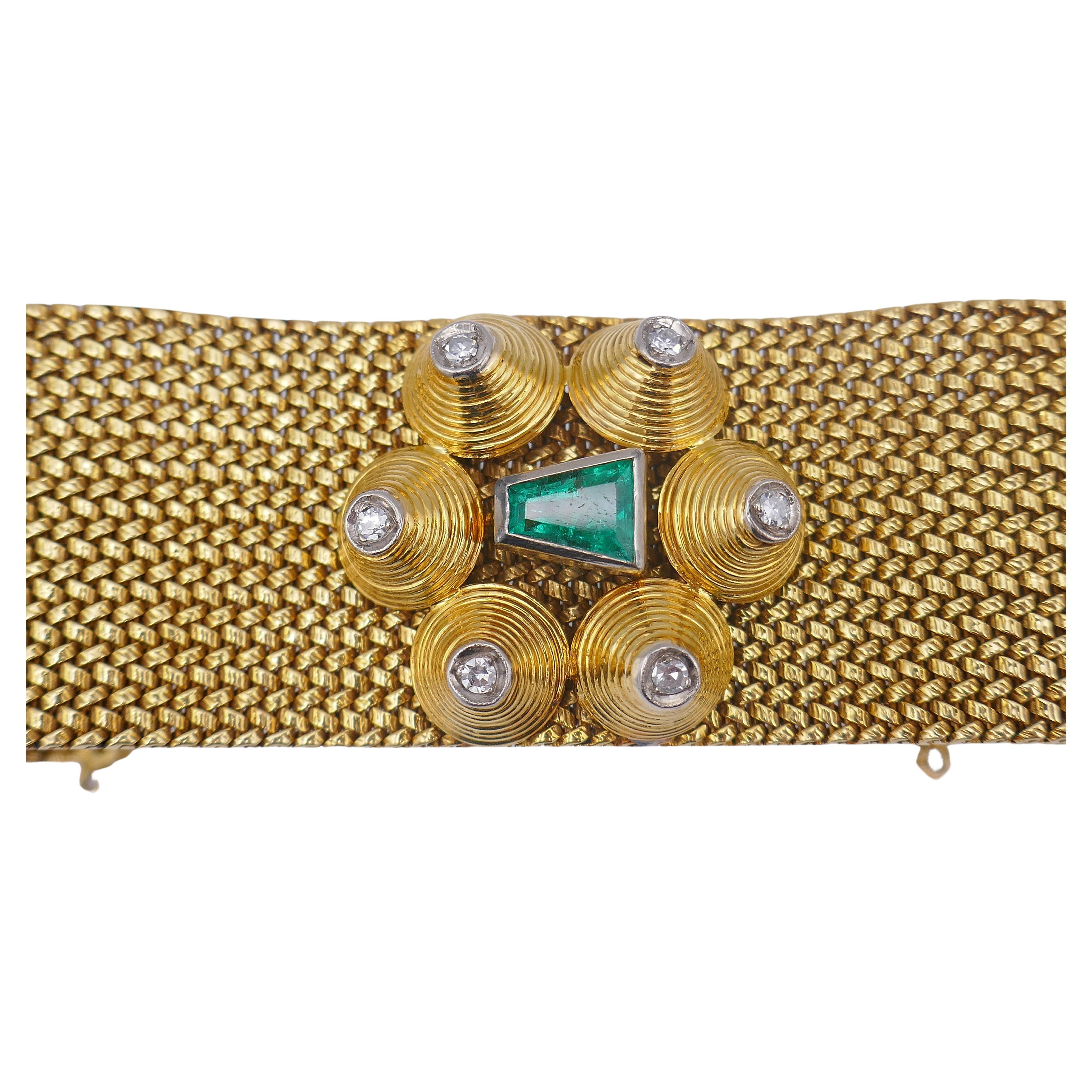 Women's or Men's Antique 18k Gold Emerald Diamond Mesh Bracelet