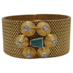 Antique 18k Gold Emerald Diamond Mesh Bracelet