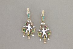 Antique 18k Gold Enamel Bacchus Dangle Earrings with Rubies & Diamonds
