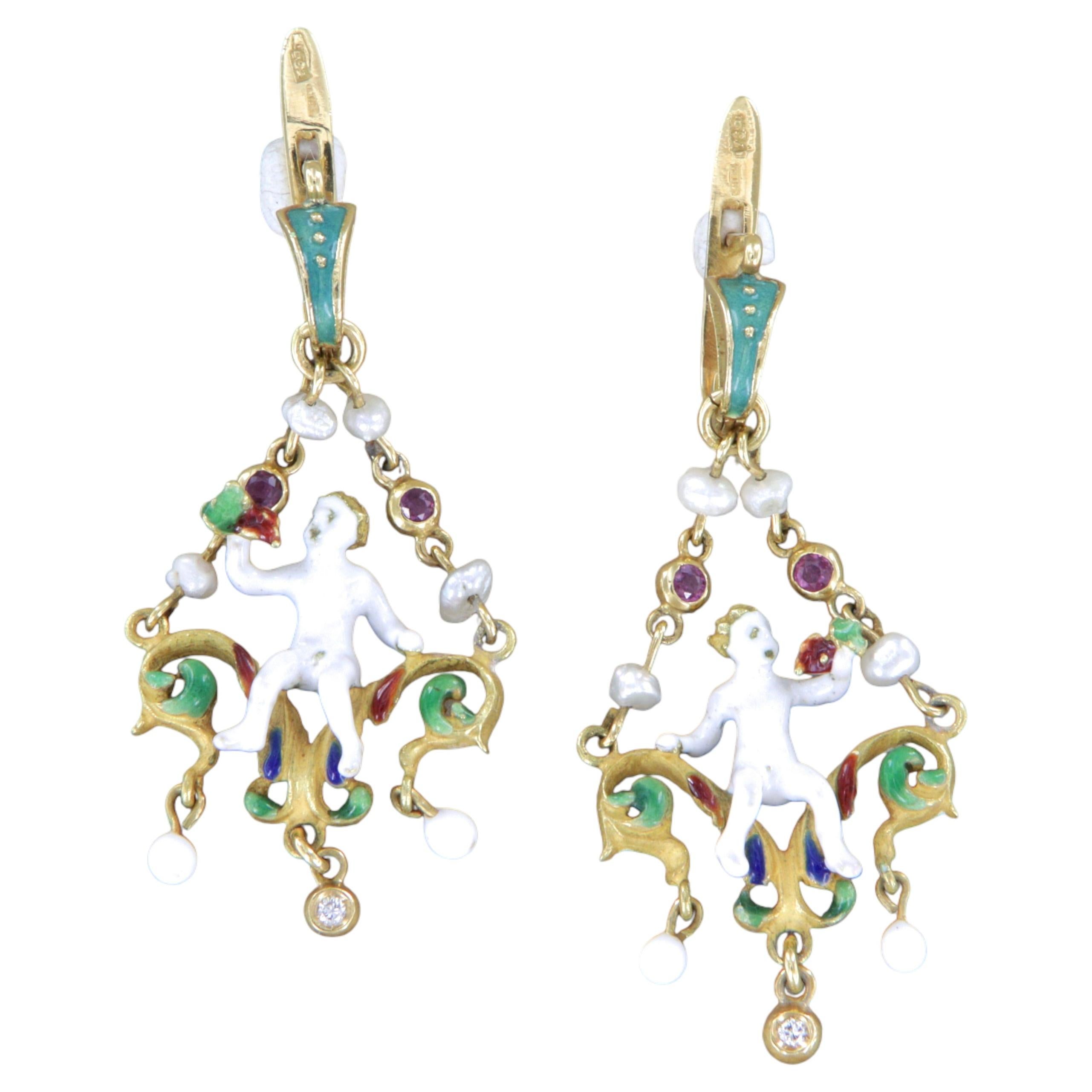 Antique 18k Gold Enamel Bacchus Dangle Earrings with Rubies & Diamonds