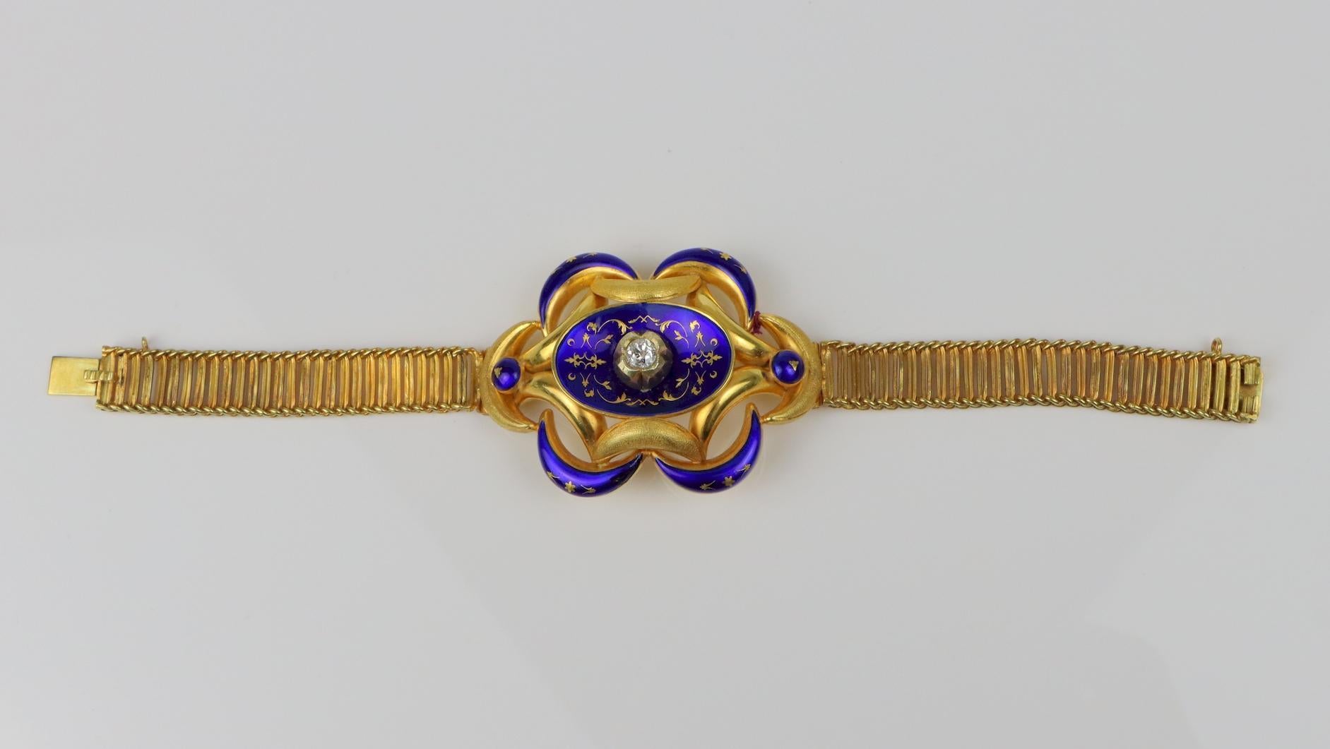 Antique 18K Gold Enamel Diamond Bracelet For Sale 5