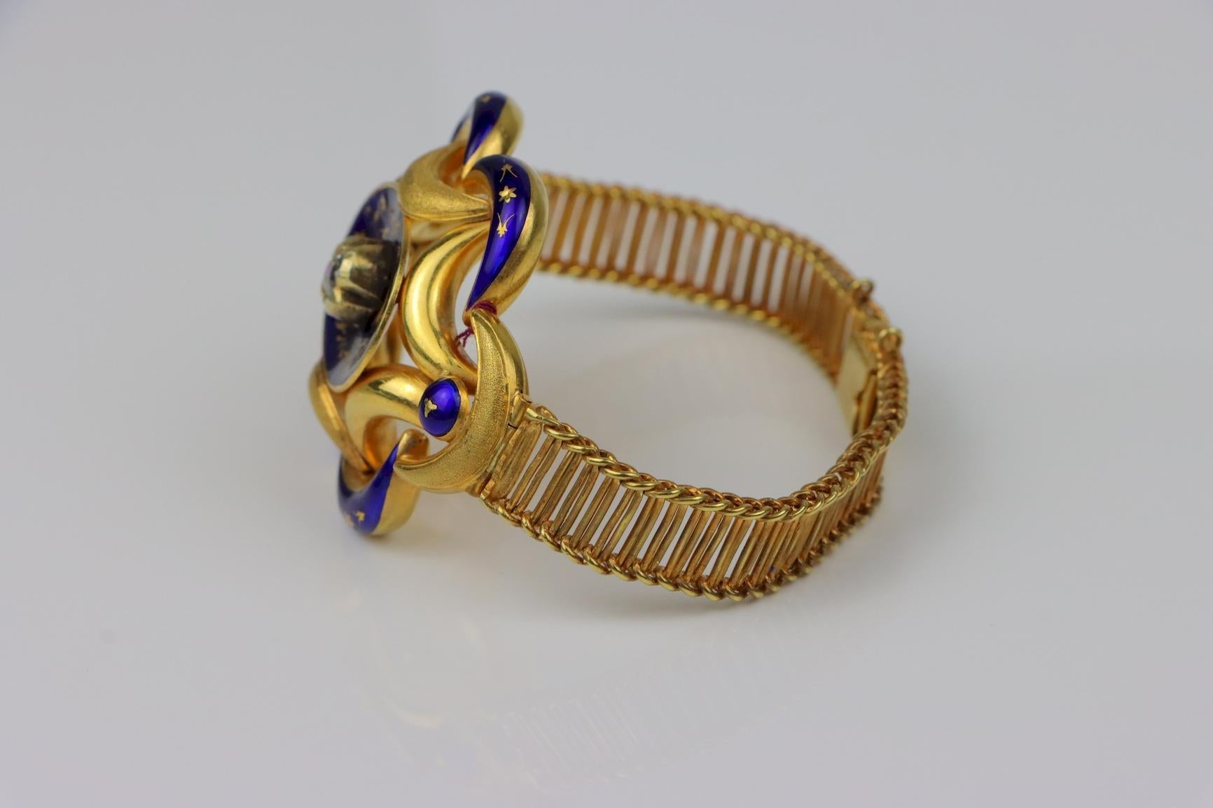 Women's Antique 18K Gold Enamel Diamond Bracelet For Sale