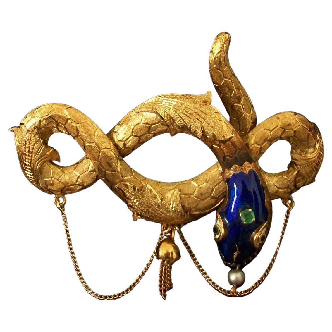 Antique 18K Gold & Enamel Snake Brooch, Emerald & Pearl, France, Circa 1880