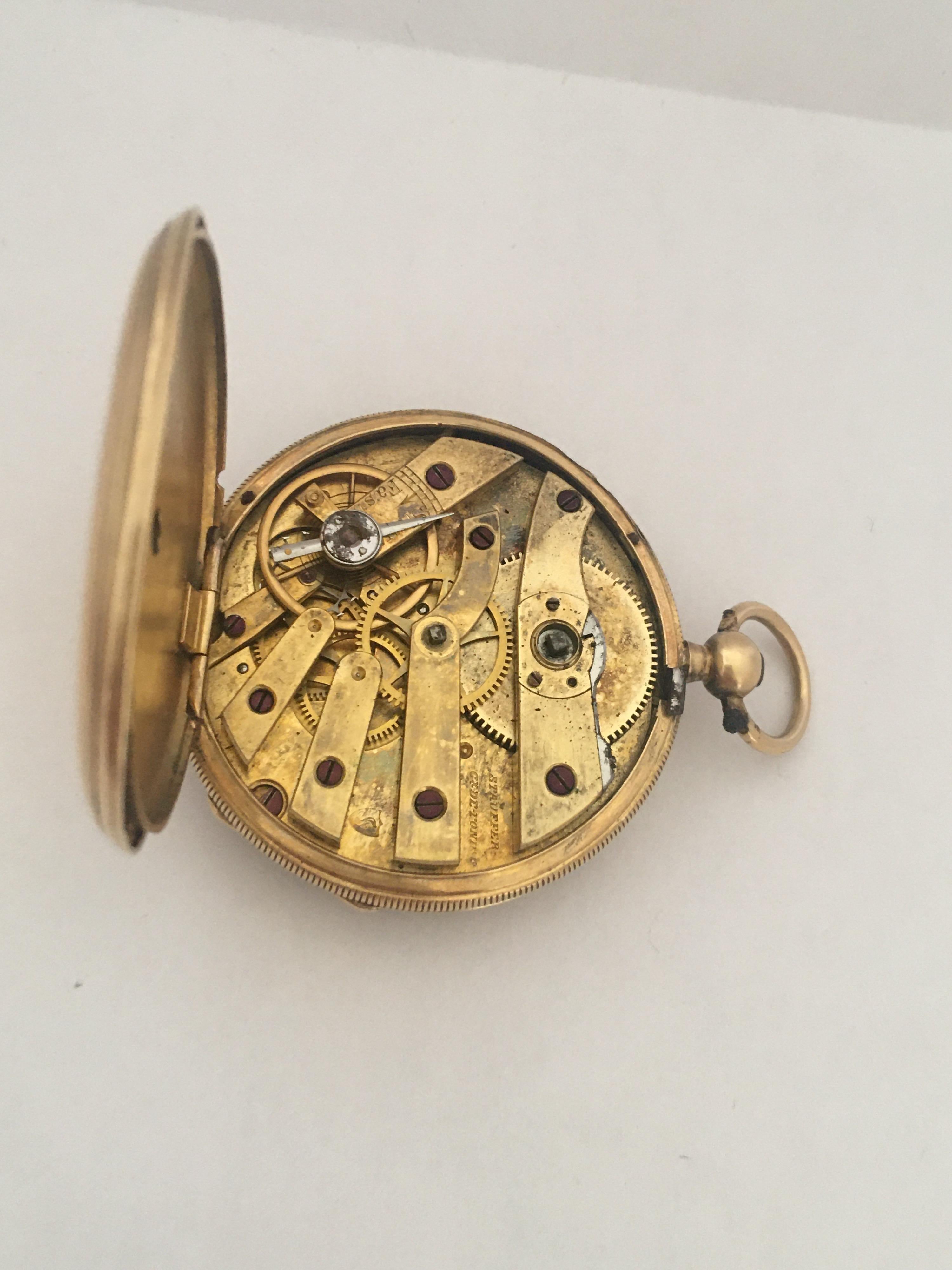 Antique 18 Karat Gold Engine Turned Case Stauffer Chaux-de-Fonds Pocket Watch For Sale 4