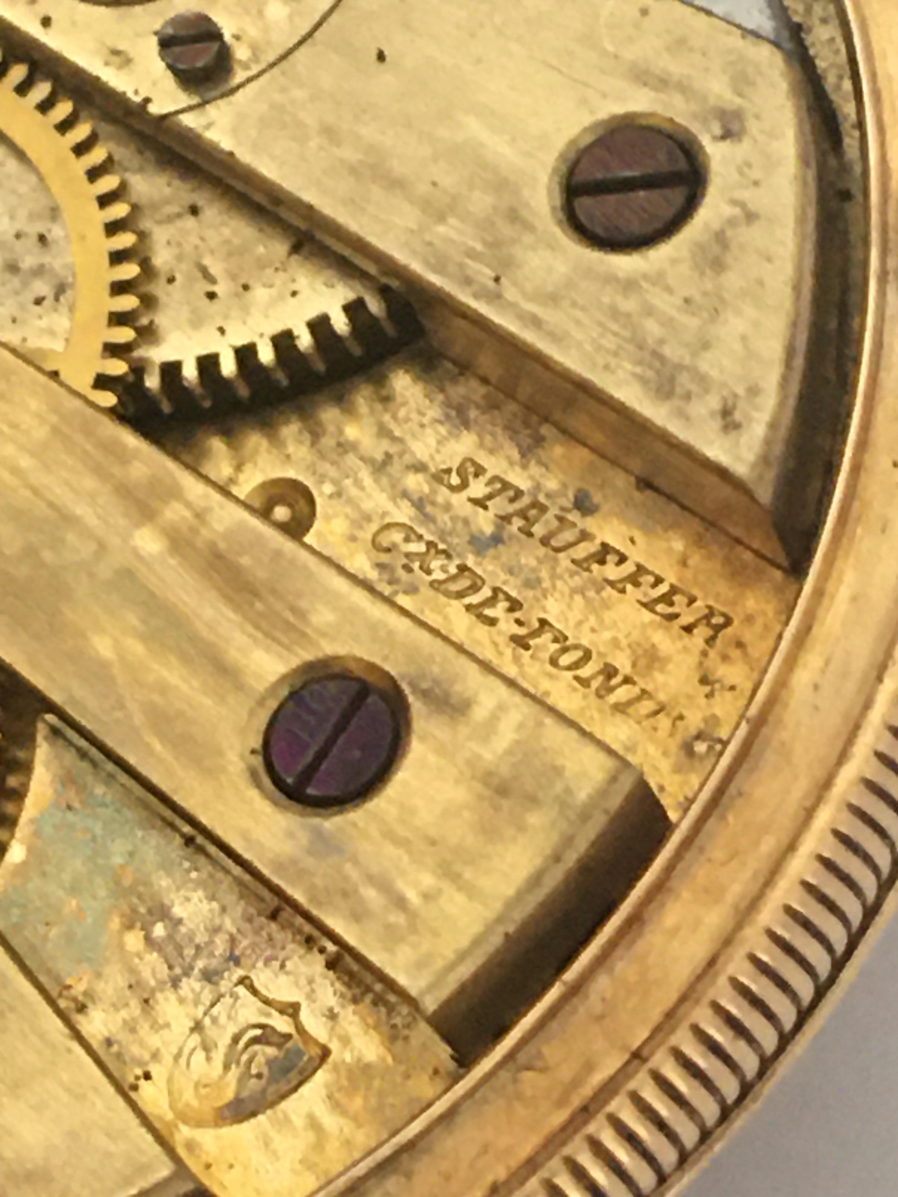 Antique 18 Karat Gold Engine Turned Case Stauffer Chaux-de-Fonds Pocket Watch For Sale 6