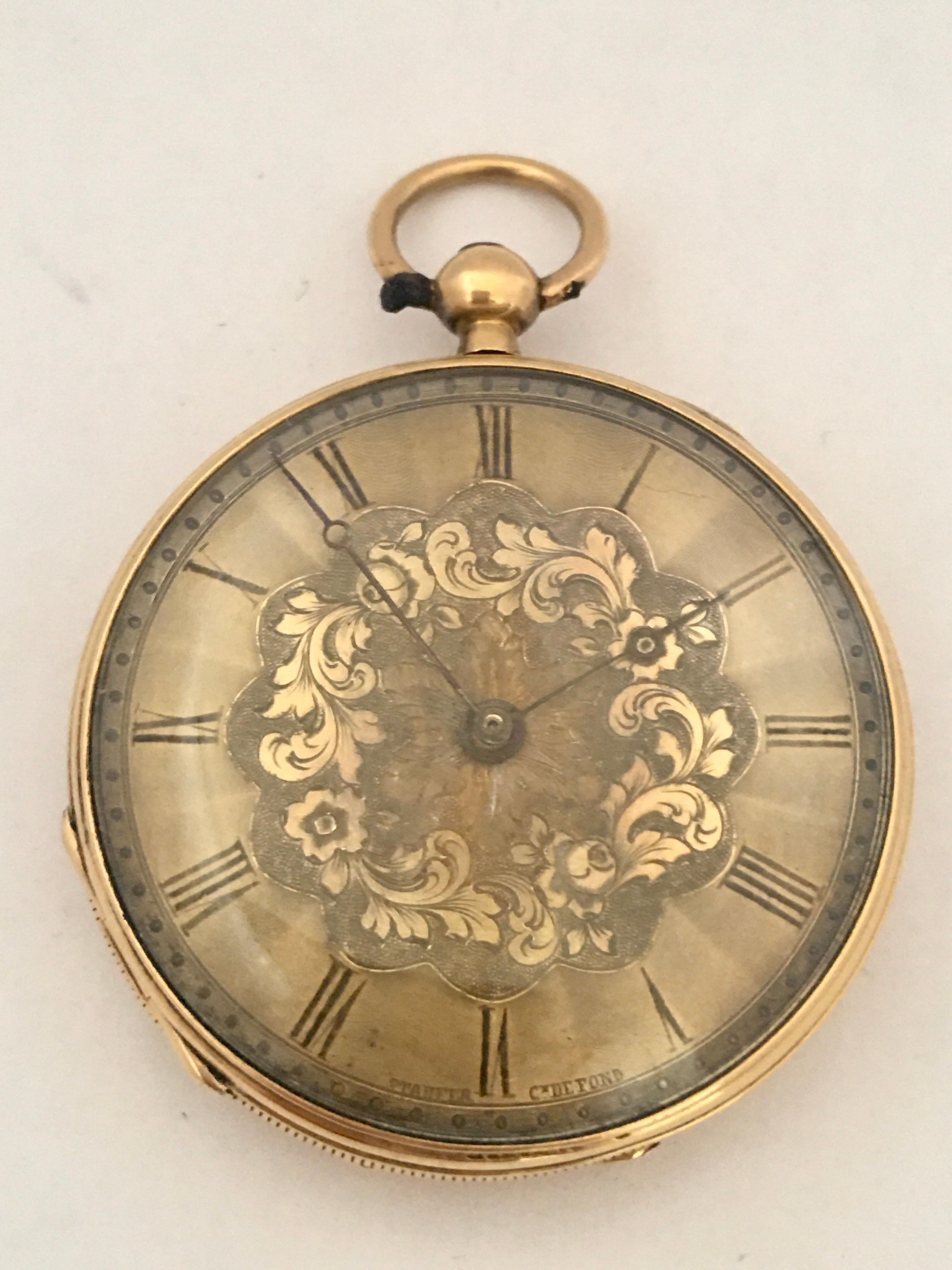 This beautiful antique gold pocket watch is working and it is ticking well. Visible signs of used and ageing with some light dents and scratches on the watch case and the dial is a bit tired and worn. It comes with a winding key. Watch size (
