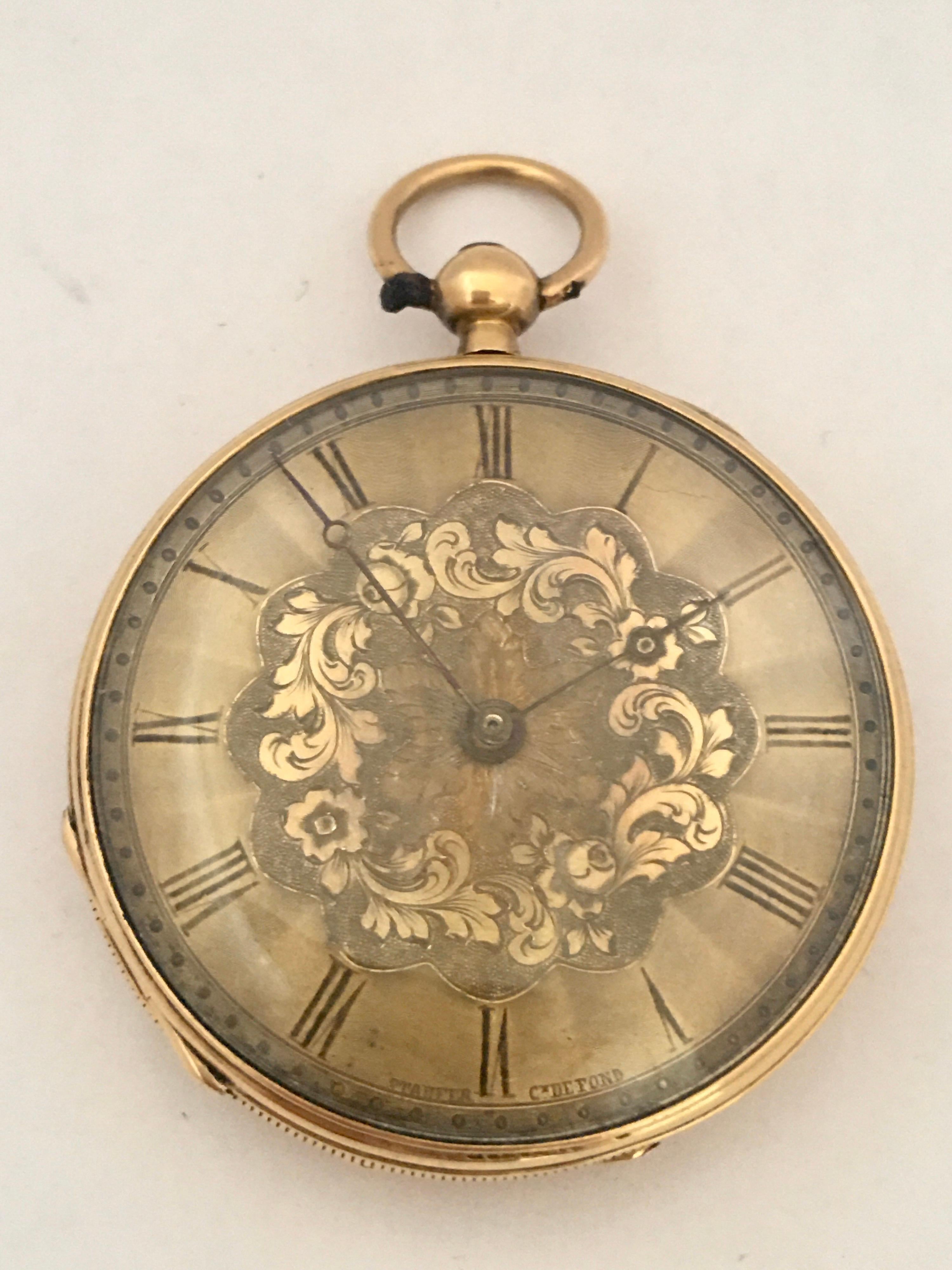 This beautiful antique gold pocket watch is working and it is ticking well. Visible signs of used and ageing with some light dents and scratches on the watch case and the dial is a bit tired and worn. It comes with a winding key. Watch size (
