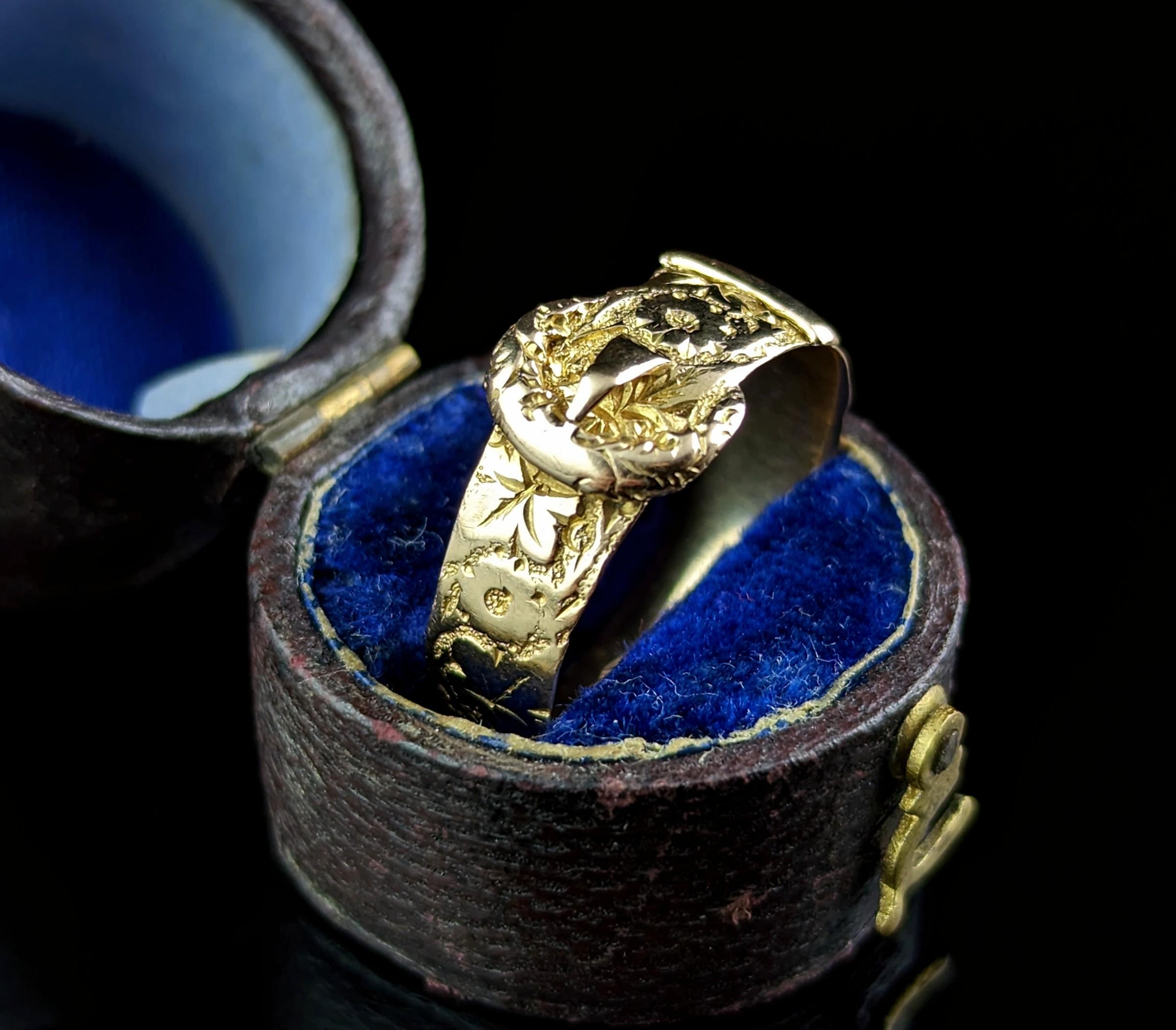 Edwardian Antique 18k Gold Engraved Buckle Ring, Orange Blossom