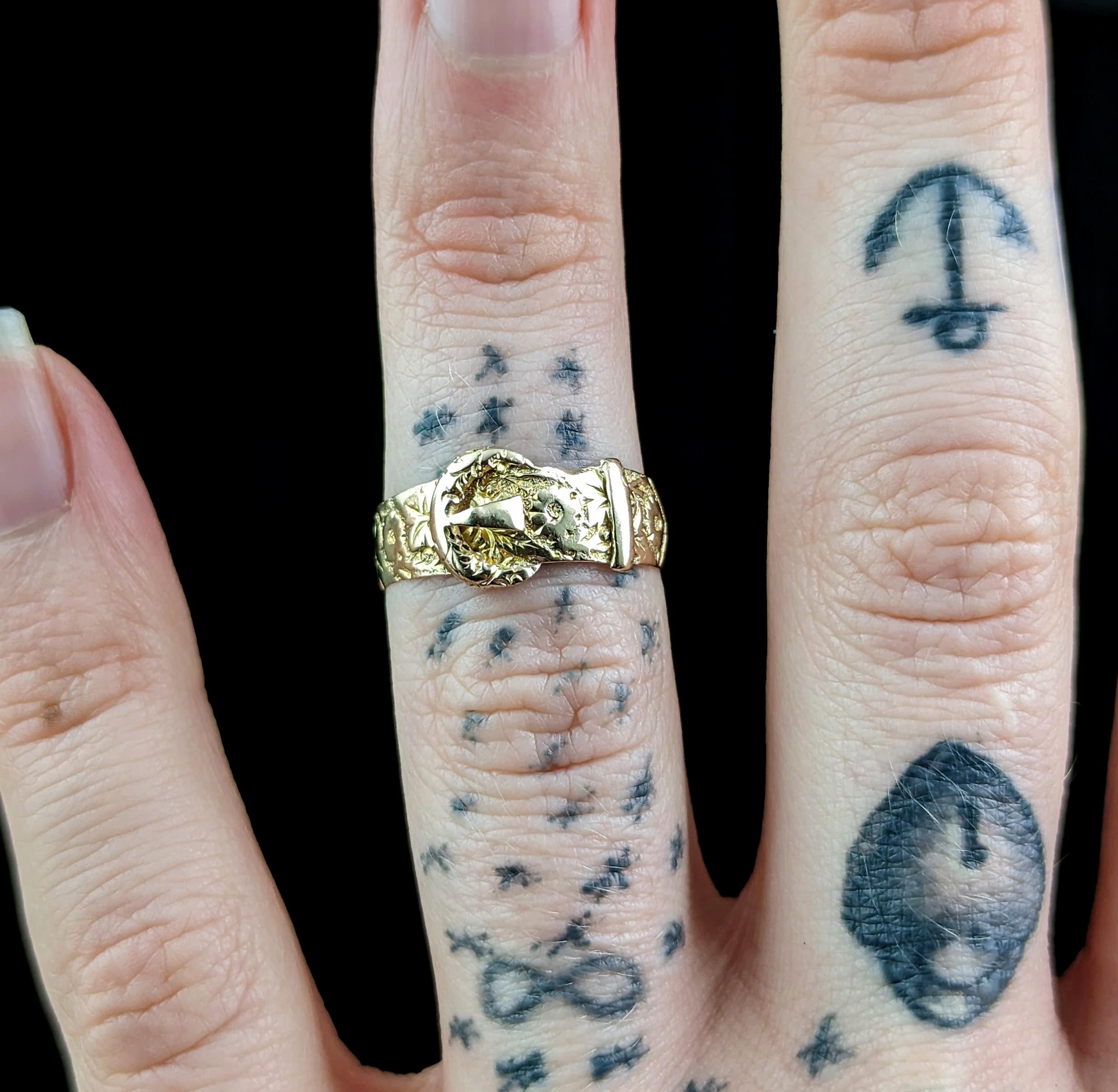 Women's or Men's Antique 18k Gold Engraved Buckle Ring, Orange Blossom