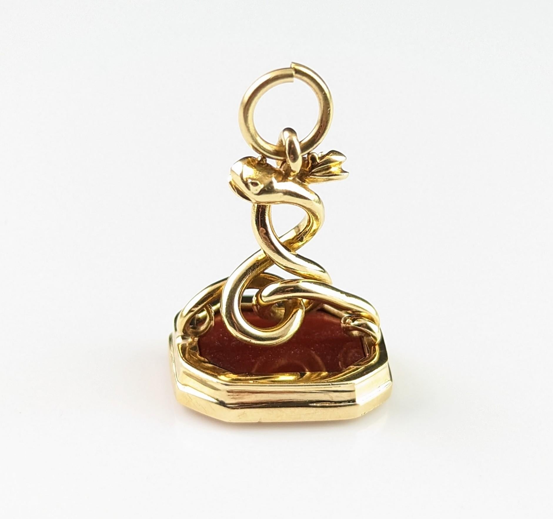 Uncut Antique 18k Gold Entwined Snakes Seal Fob, Carnelian For Sale