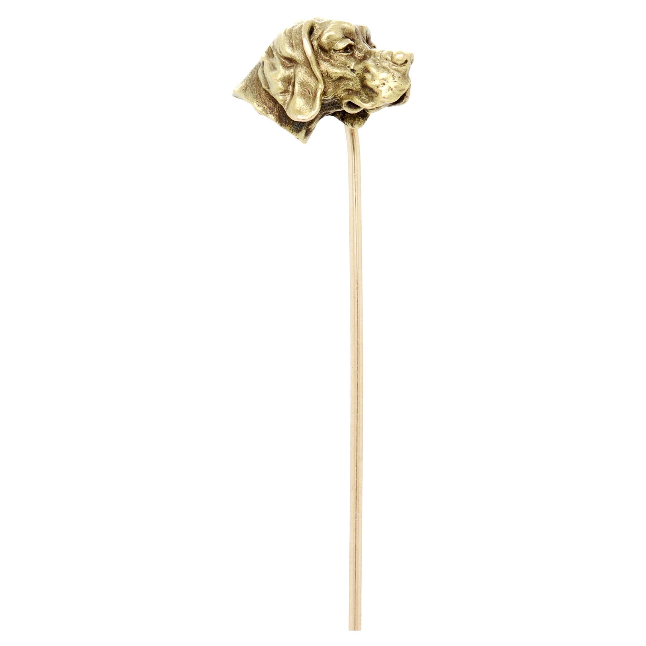 Antique 18K Gold Figural Hound Dog Head Stickpin