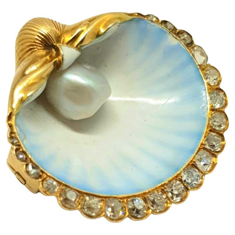 Antique French Old Mine Cut Diamond and Pearl Enamel Shell Gold Brooch For Sale
