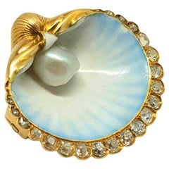 Vintage French Old Mine Cut Diamond and Pearl Enamel Shell Gold Brooch