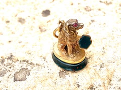 Antique 18K Gold French Dog Seal Fob Pendant Watch Key Initials D D Bloodstone