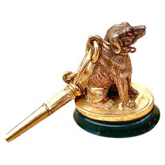 Antique 18K Gold French Dog Seal Fob Pendant Watch Key Initials D D Bloodstone