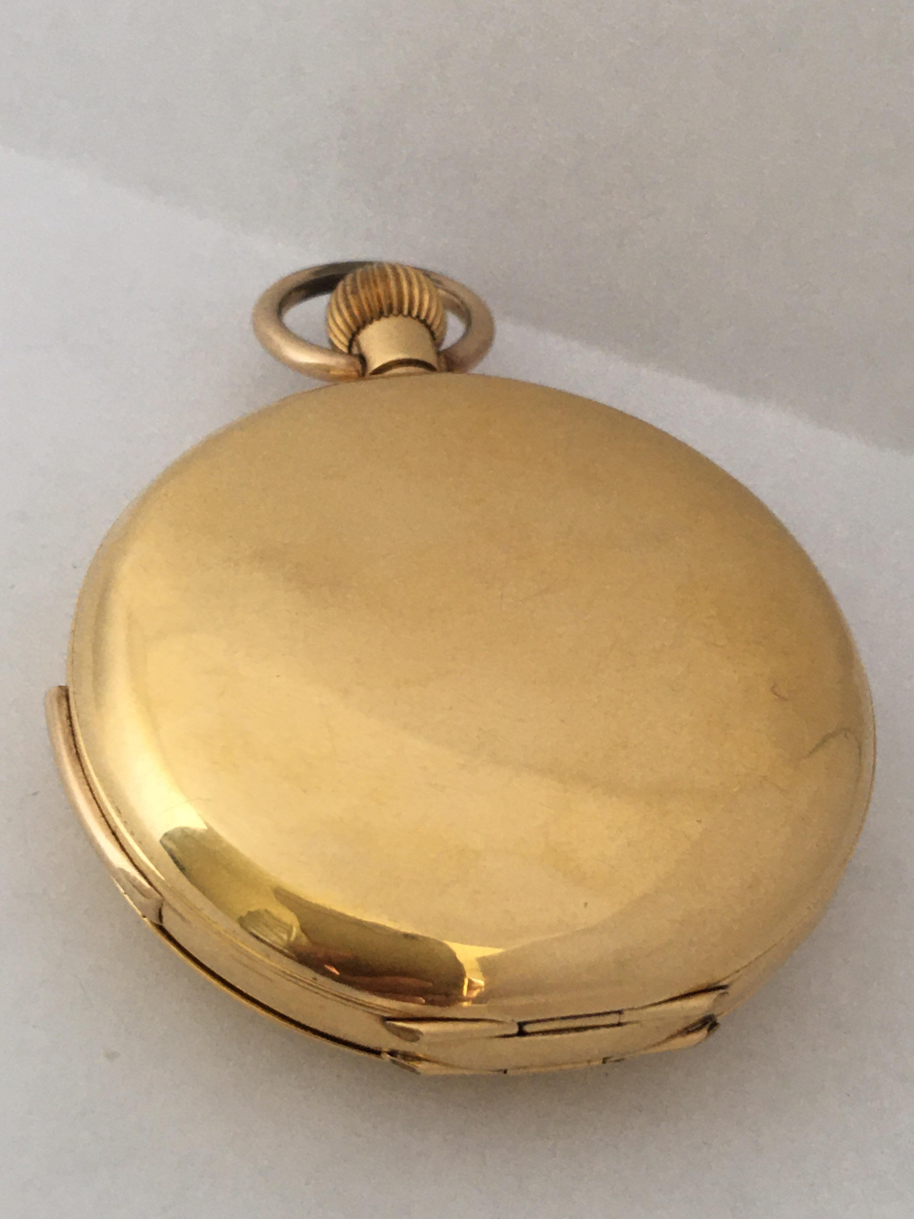 This beautiful pre-owned gold quarter repeating pocket watch is in full working order and it is running well. Visible signs of ageing and wear with small and light dents and scratches on the watch case as shown. 

Please study the images carefully