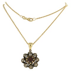 Antique 18k Gold Garnet and Rose Cut Diamond Pendant Necklace, 1880