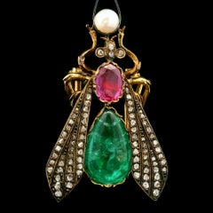 Antique 18k Gold Gia Emerald Ruby Diamond & Pearl Large Fly Insect Pin Brooch