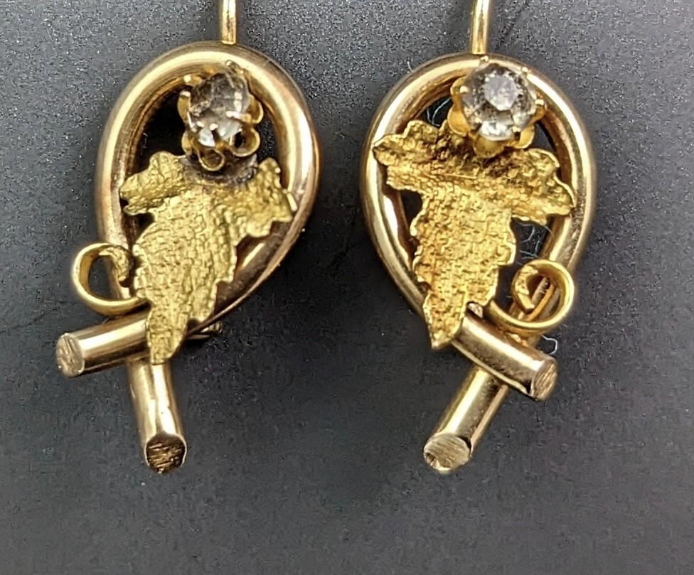 Antique 18k Gold Grapevine Earrings, Paste Leaf, Victorian 5
