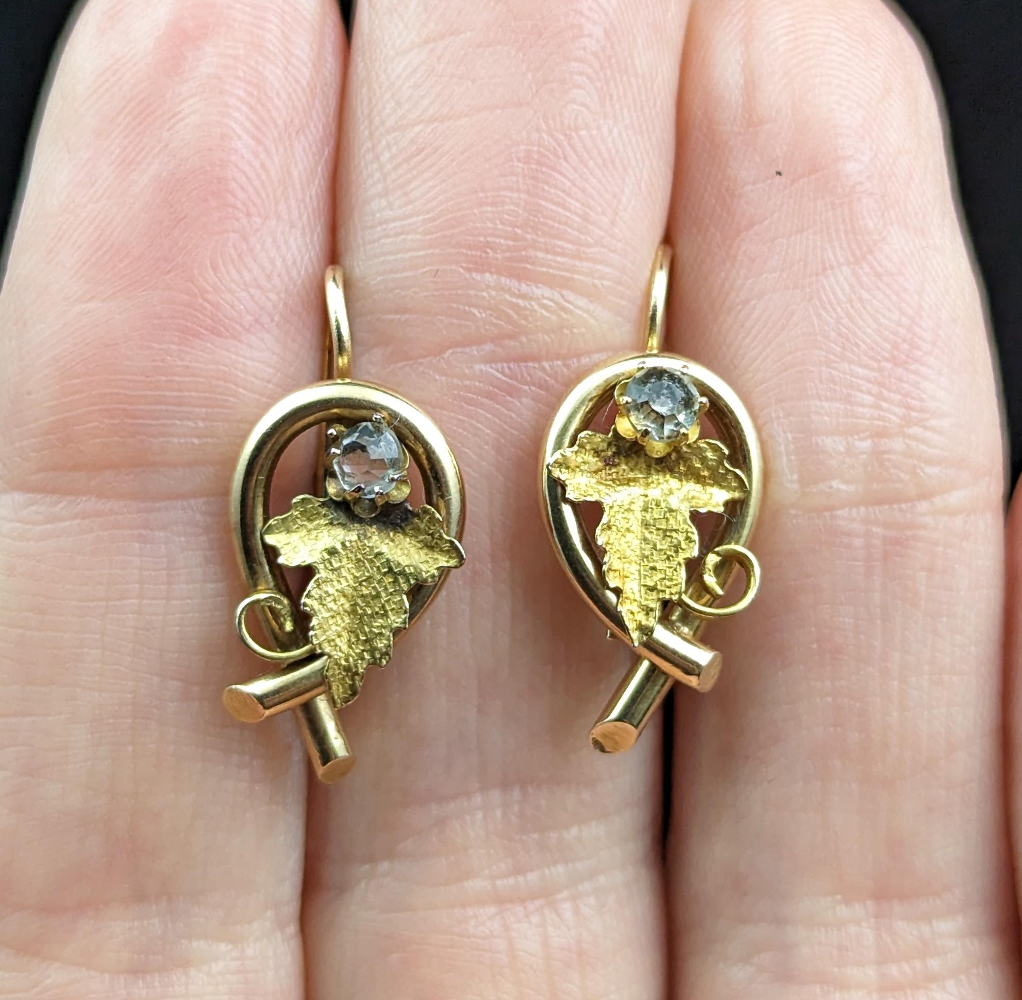 Antique 18k Gold Grapevine Earrings, Paste Leaf, Victorian 6