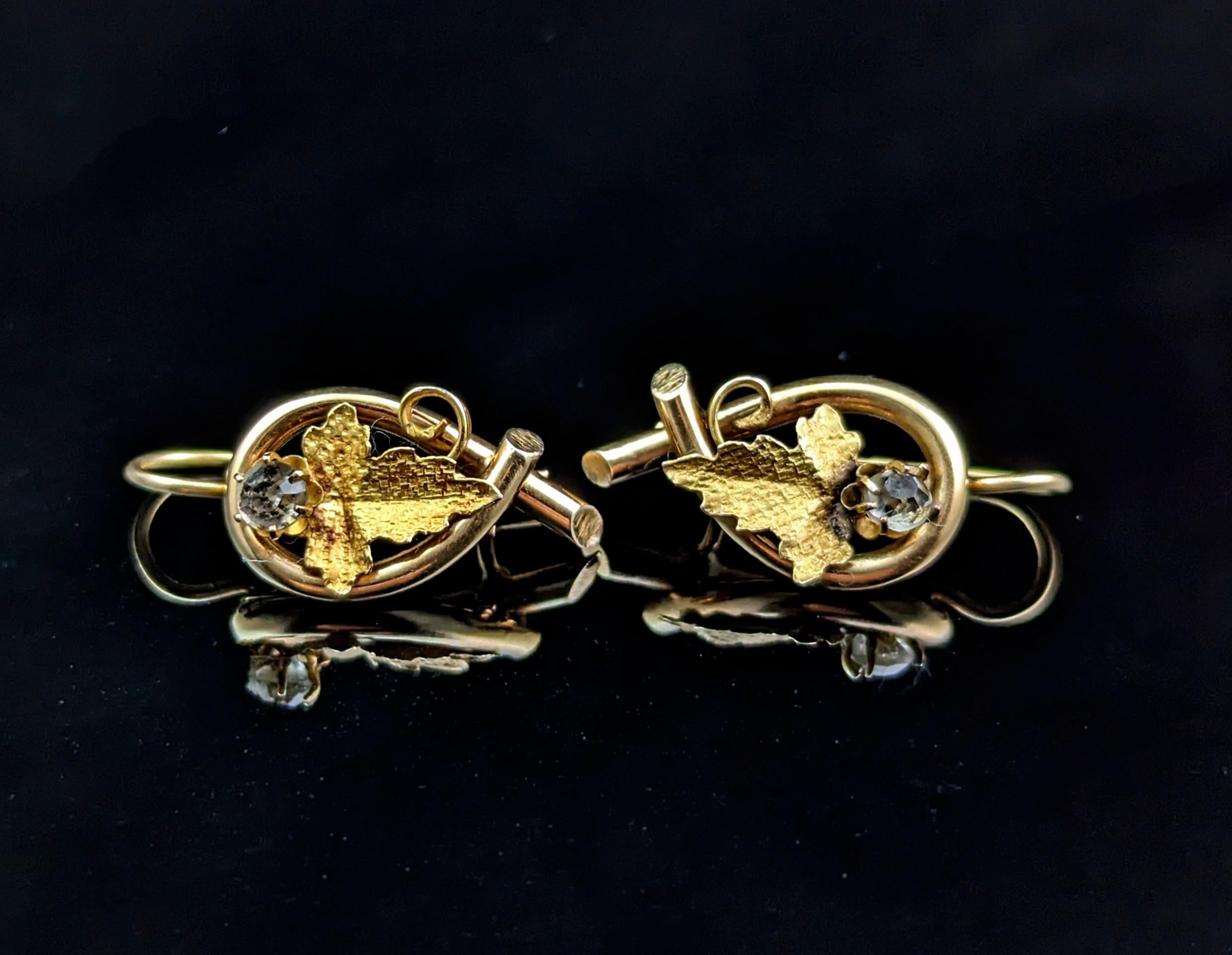Art Nouveau Antique 18k Gold Grapevine Earrings, Paste Leaf, Victorian
