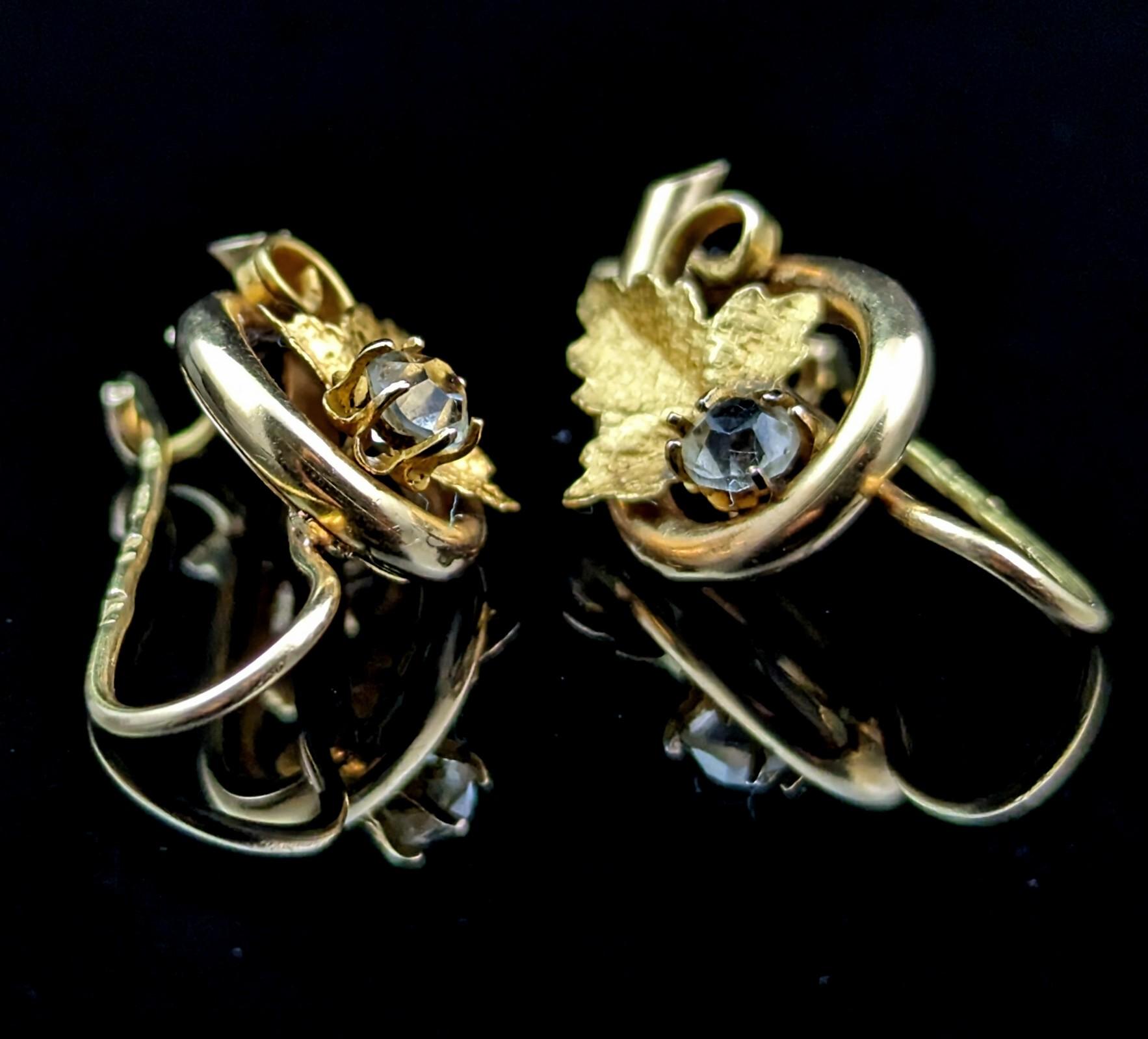Antique 18k Gold Grapevine Earrings, Paste Leaf, Victorian In Fair Condition In NEWARK, GB