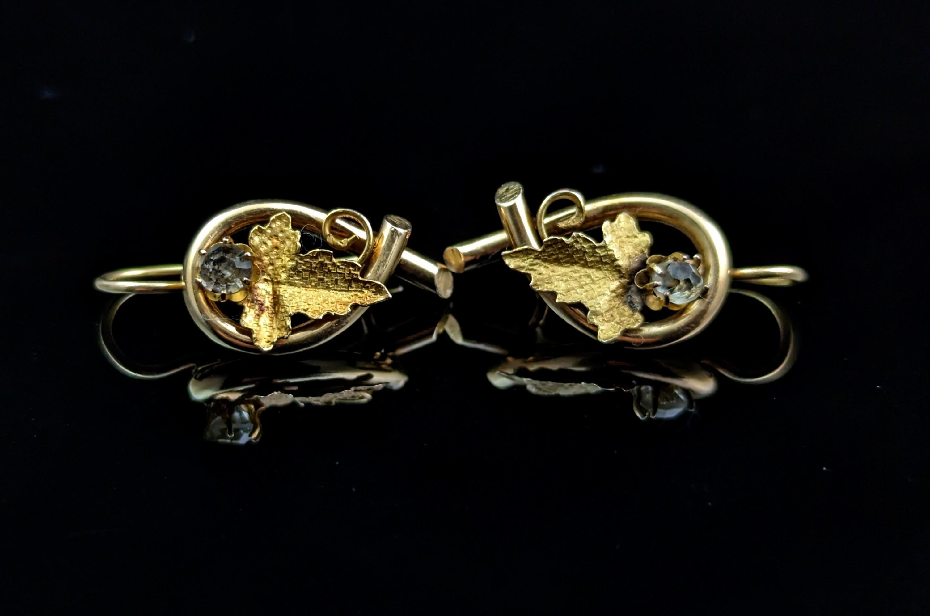 Antique 18k Gold Grapevine Earrings, Paste Leaf, Victorian 1