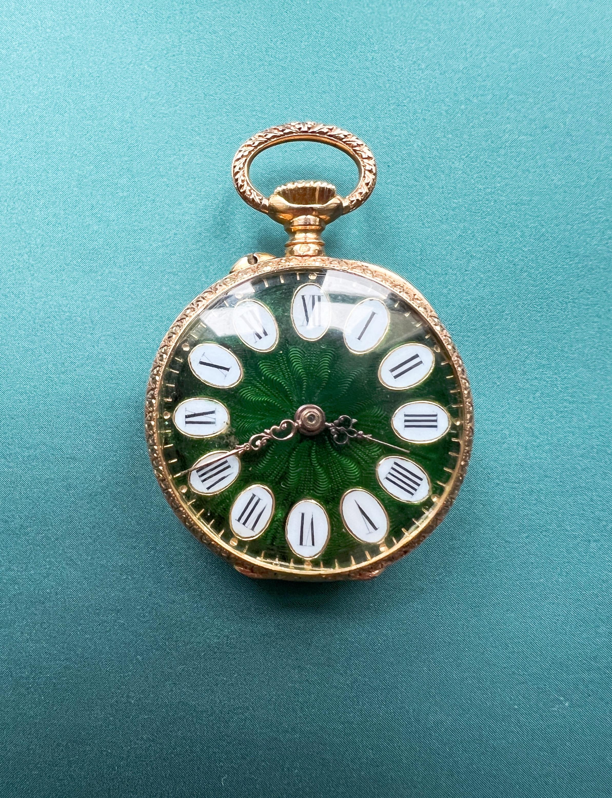 High Victorian Antique 18K gold green enamel diamond monogram pocket watch pendant