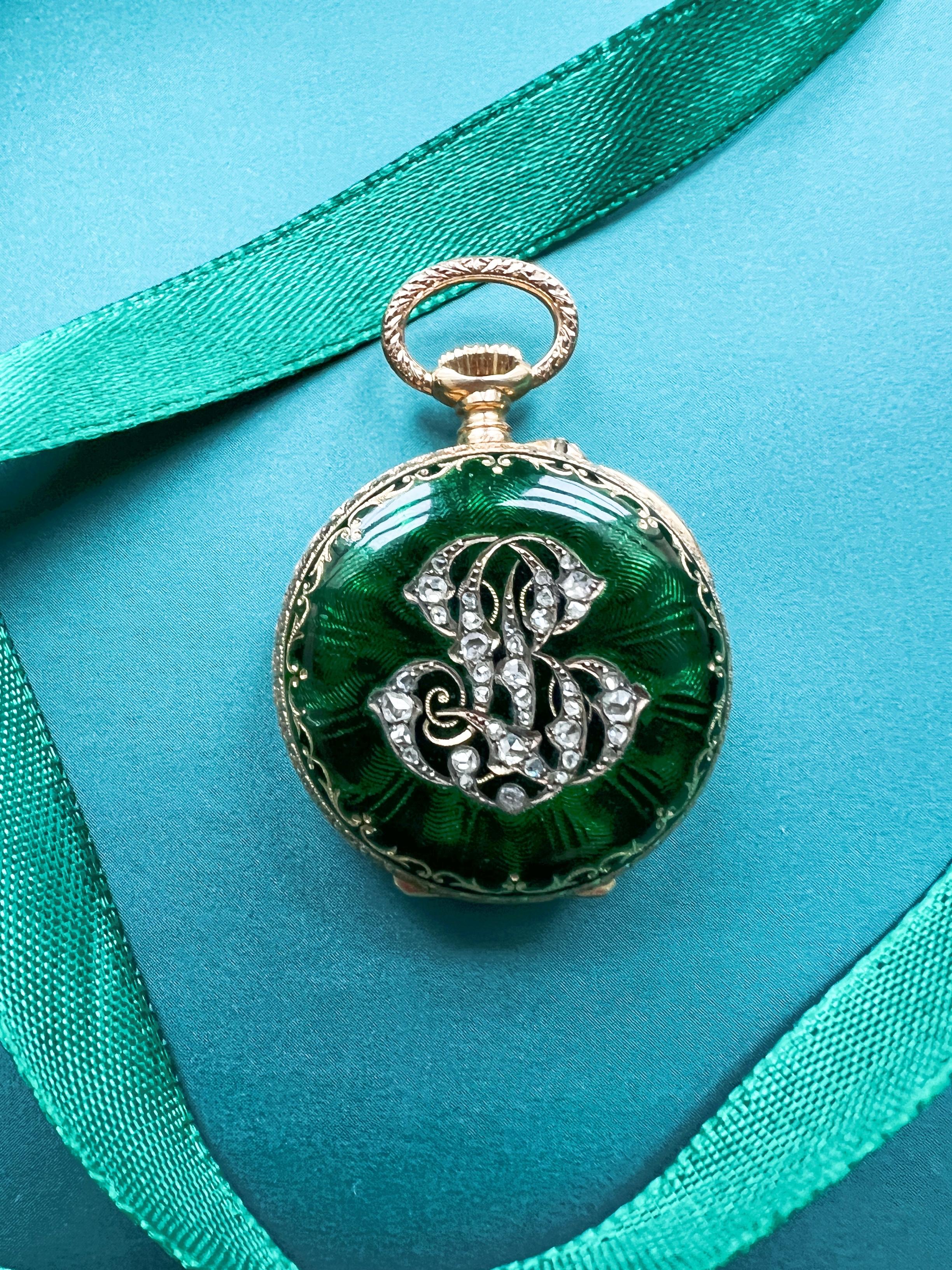 Rose Cut Antique 18K gold green enamel diamond monogram pocket watch pendant