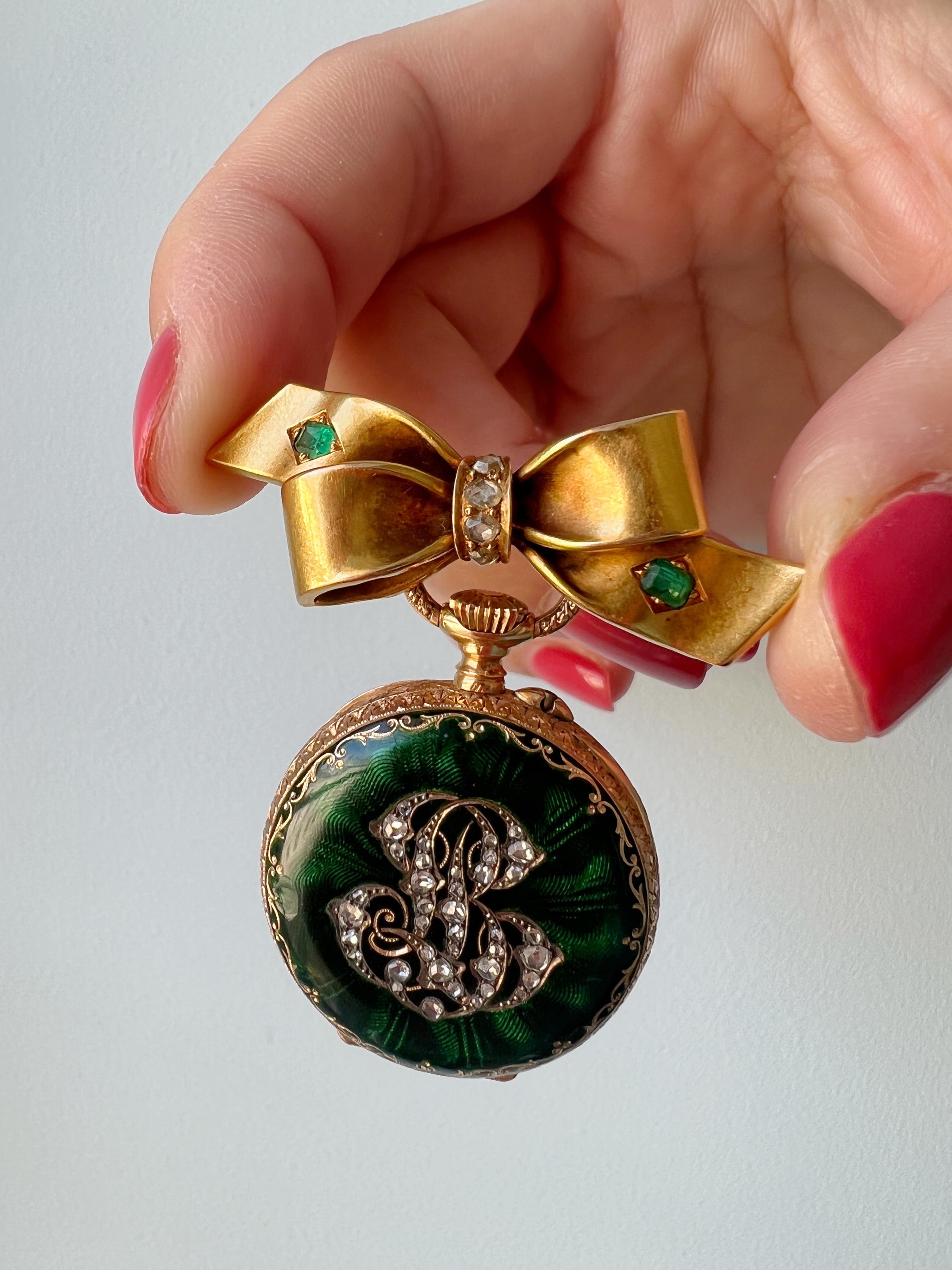 Antique 18K gold green enamel diamond monogram pocket watch pendant 1