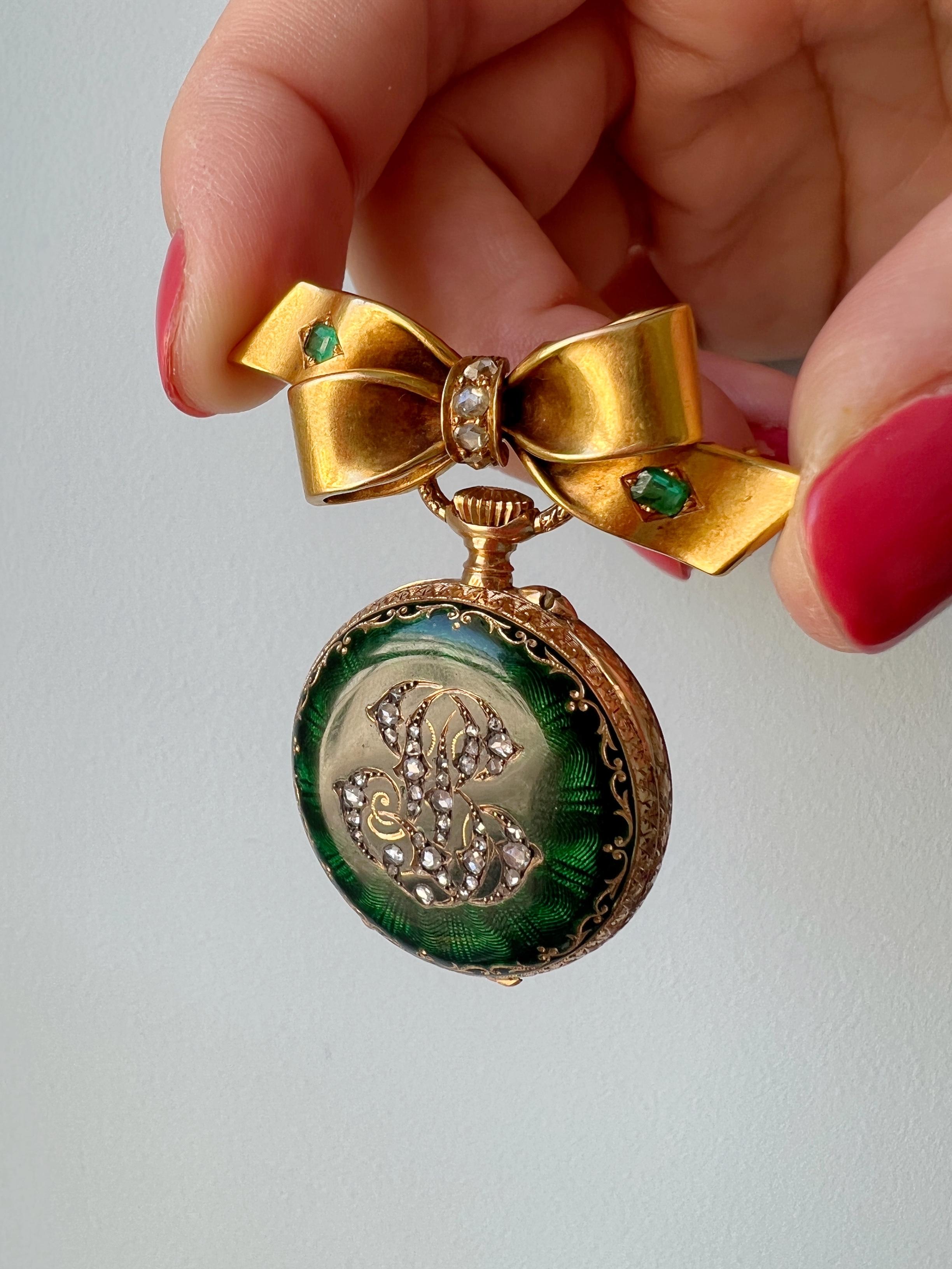 Antique 18K gold green enamel diamond monogram pocket watch pendant 2