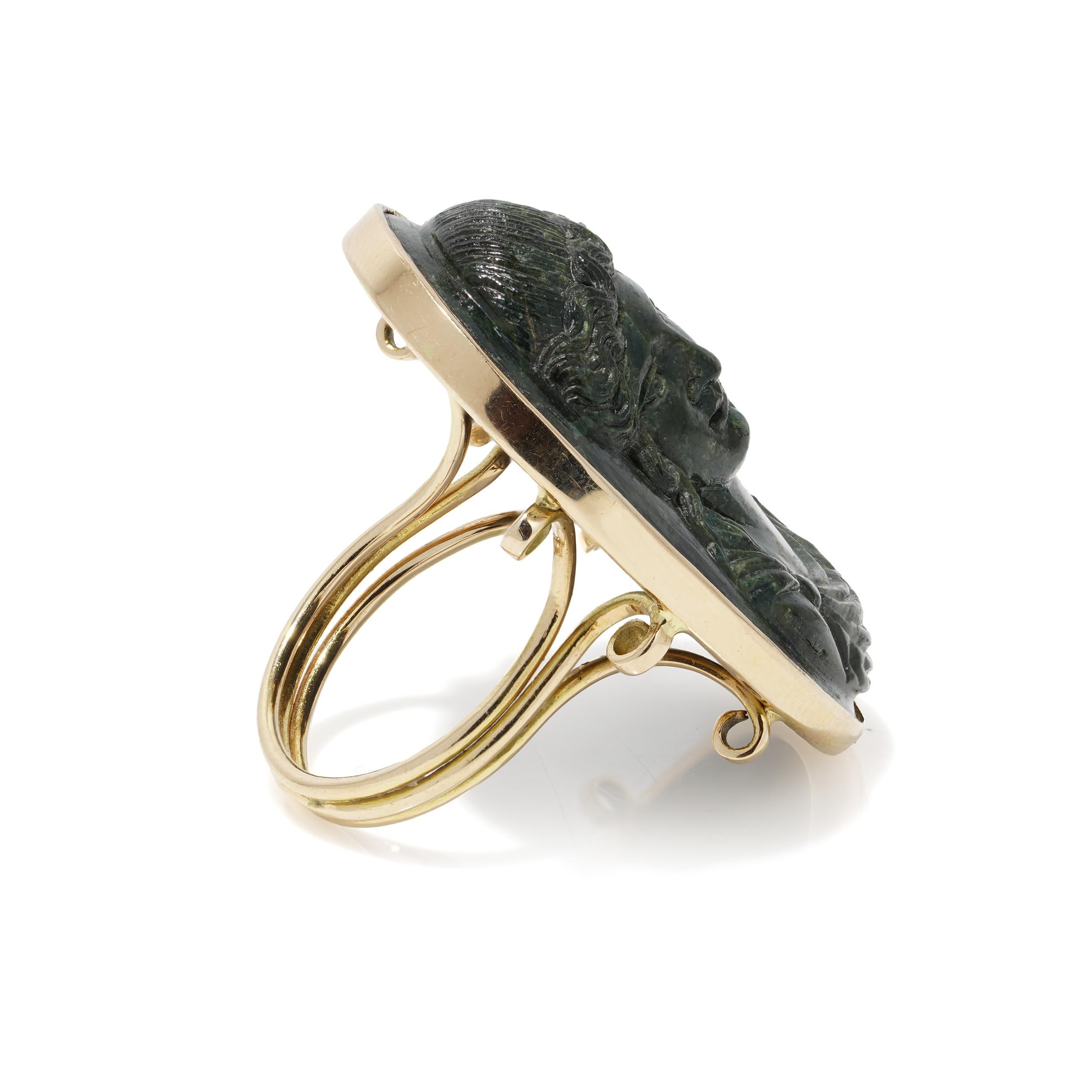 Antique 18K Gold Green Hardstone Alexander The Great Cameo Ring For Sale 1