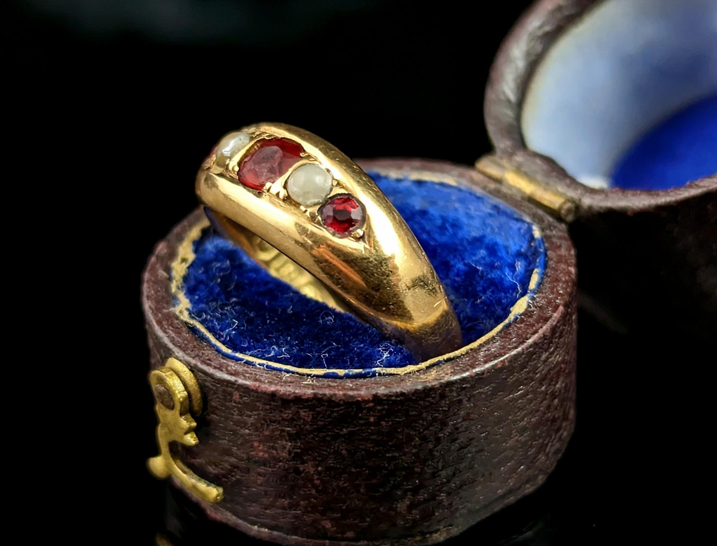Antique 18k Gold Gypsy Set Ring, Red Paste and Pearl, Victorian 8
