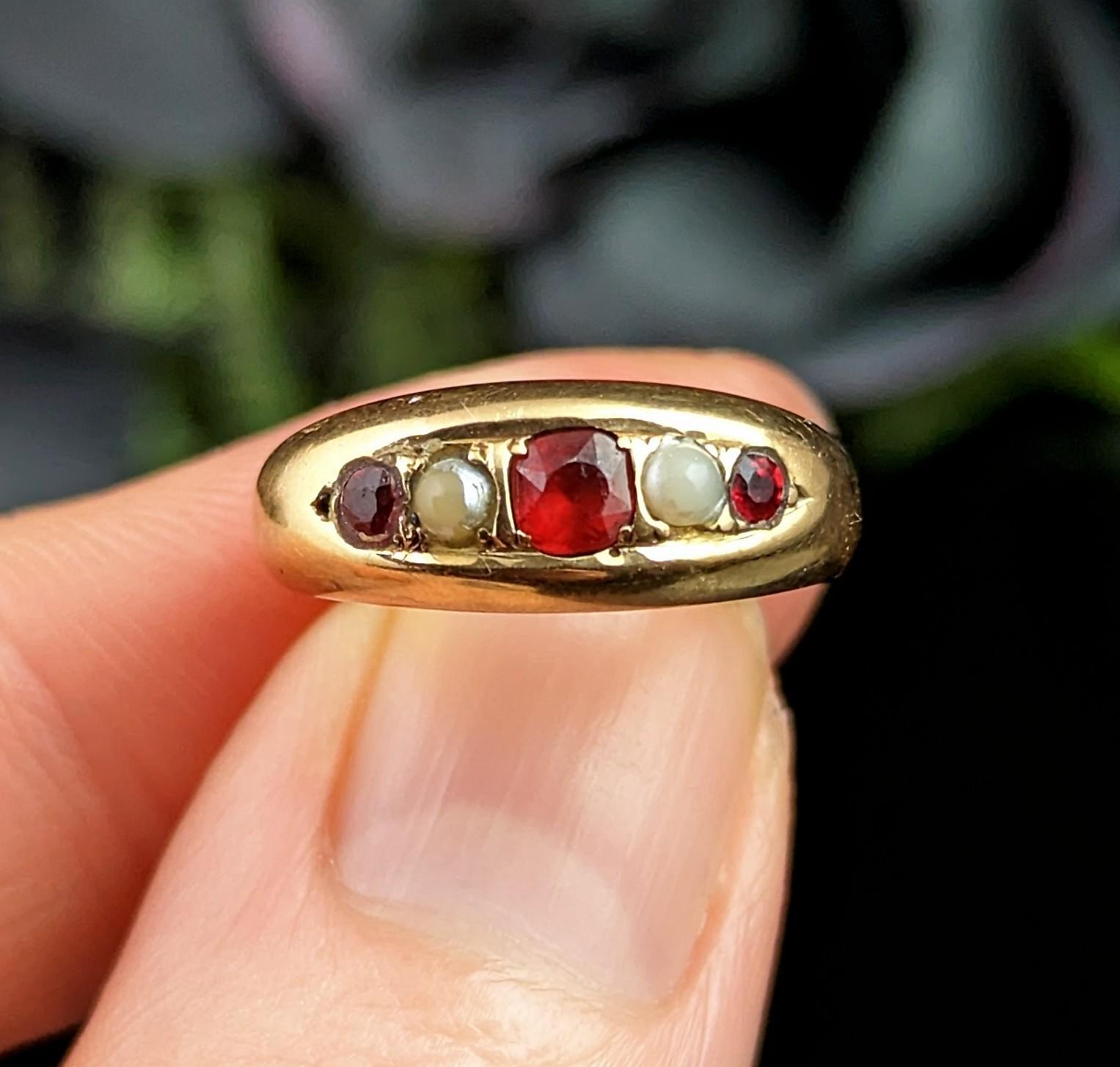 Antique 18k Gold Gypsy Set Ring, Red Paste and Pearl, Victorian 10