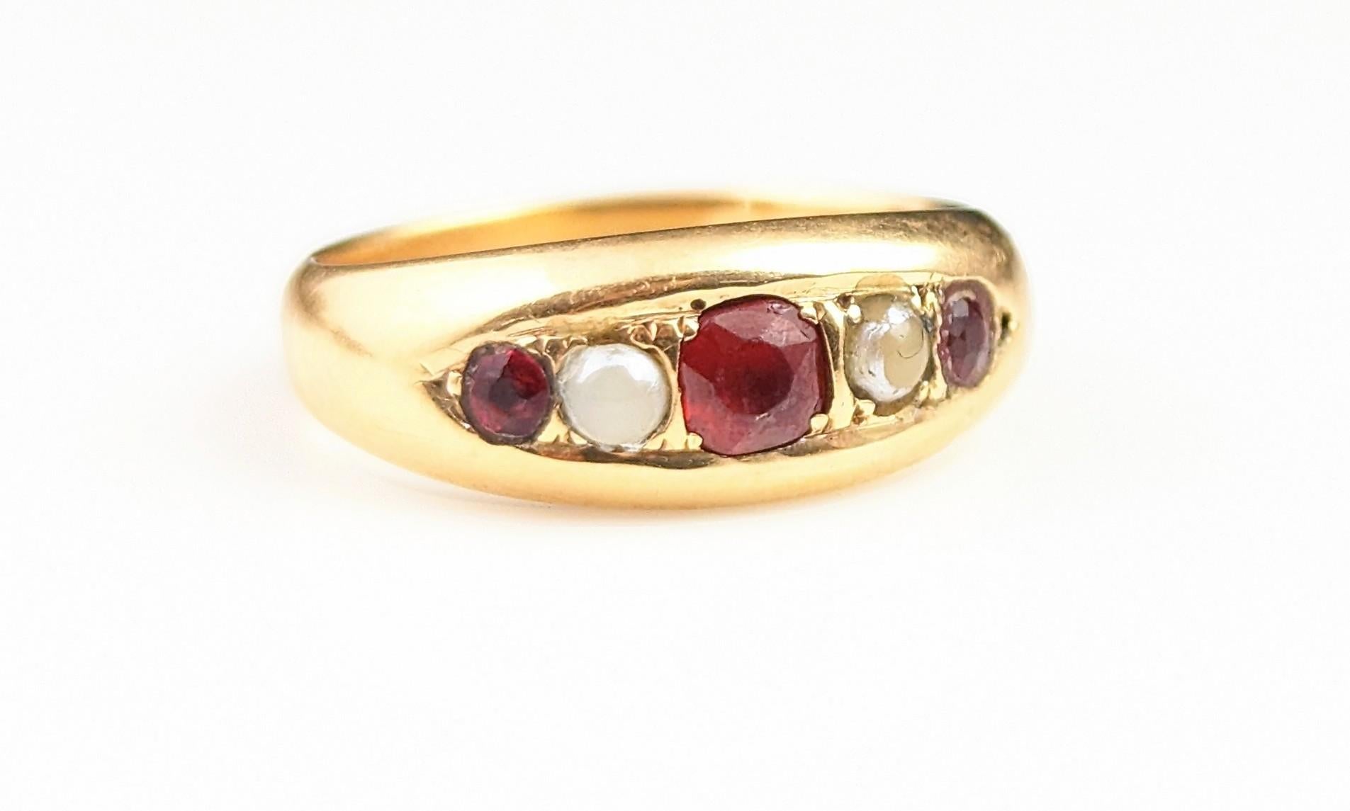 Antique 18k Gold Gypsy Set Ring, Red Paste and Pearl, Victorian 11