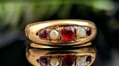 Antique 18k Gold Gypsy Set Ring, Red Paste and Pearl, Victorian