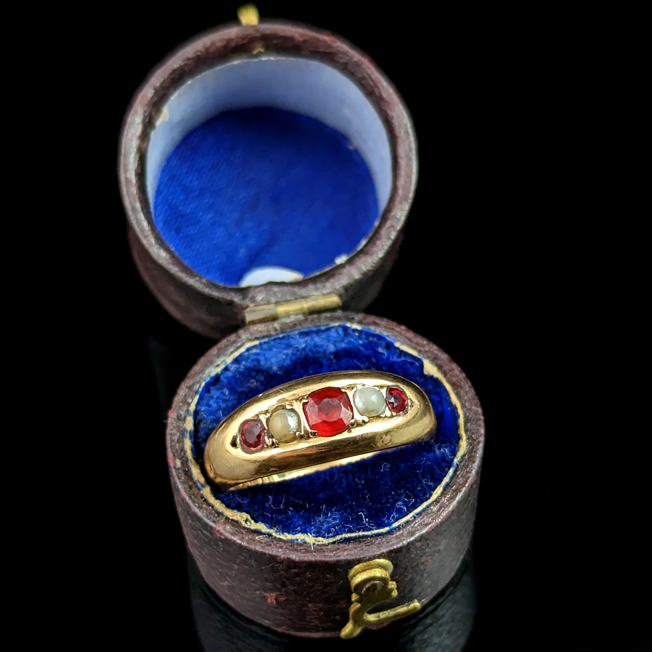Cabochon Antique 18k Gold Gypsy Set Ring, Red Paste and Pearl, Victorian