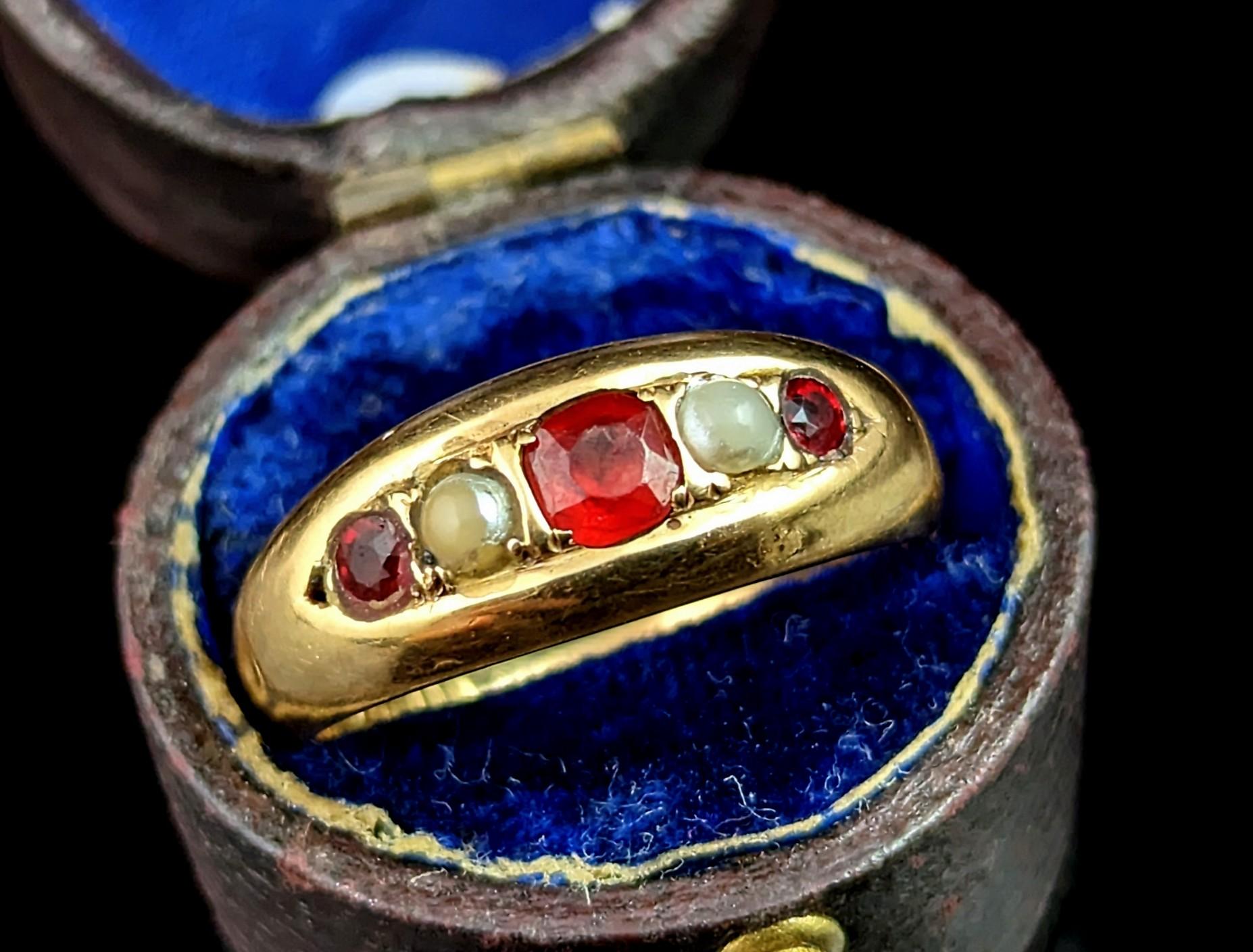 Antique 18k Gold Gypsy Set Ring, Red Paste and Pearl, Victorian In Fair Condition In NEWARK, GB