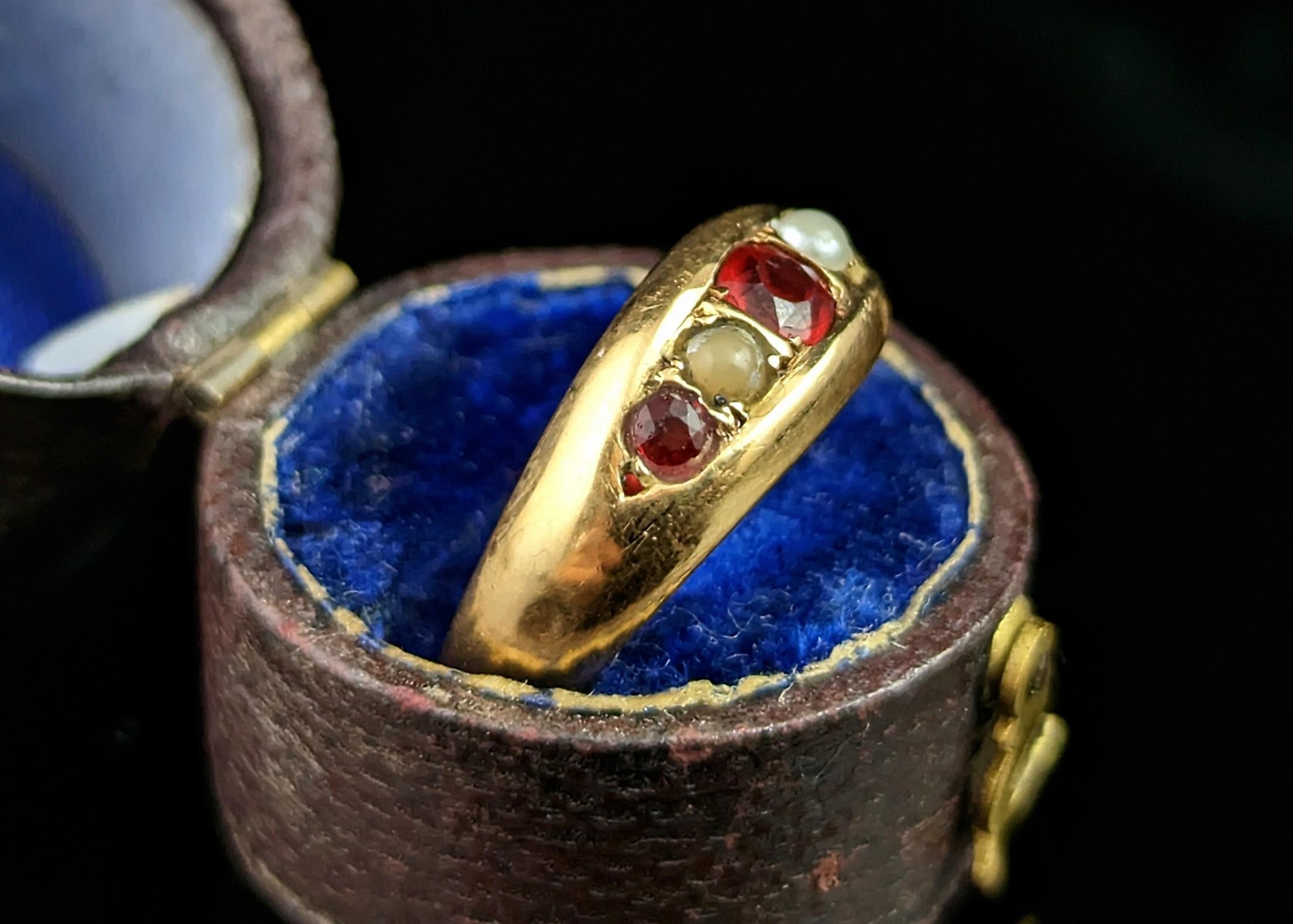 Women's Antique 18k Gold Gypsy Set Ring, Red Paste and Pearl, Victorian