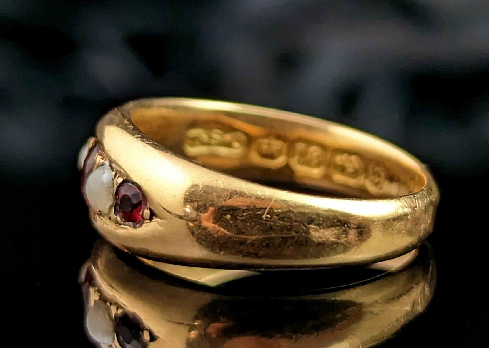 Antique 18k Gold Gypsy Set Ring, Red Paste and Pearl, Victorian 4