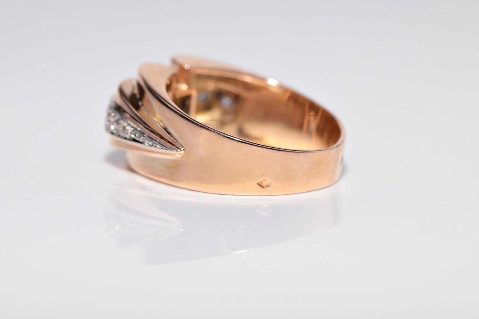 Antique 18k Gold Handcrafted Natural Diamond Decorated Strong Tank Ring For Sale 4