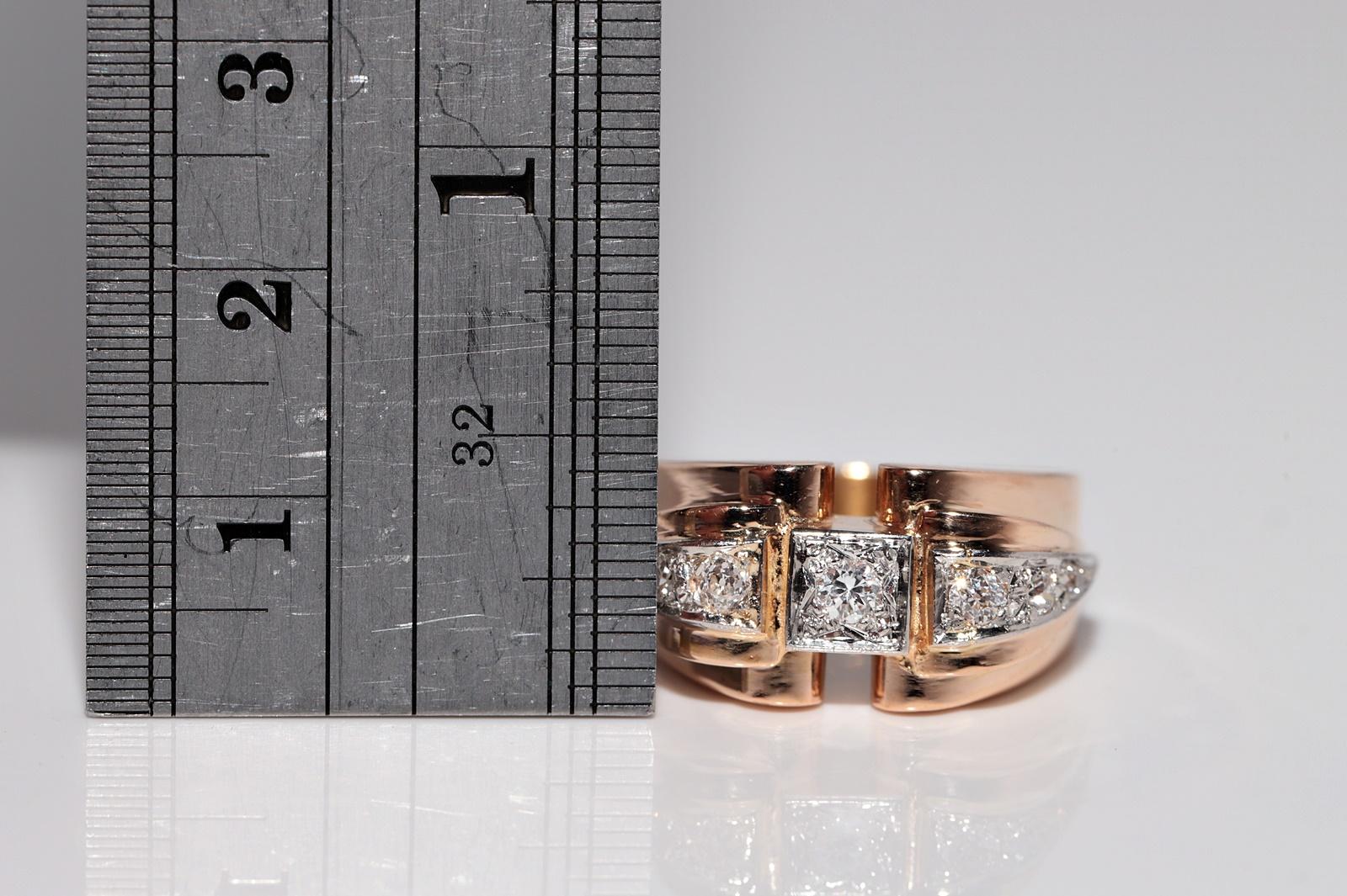 Antique 18k Gold Handcrafted Natural Diamond Decorated Strong Tank Ring For Sale 6