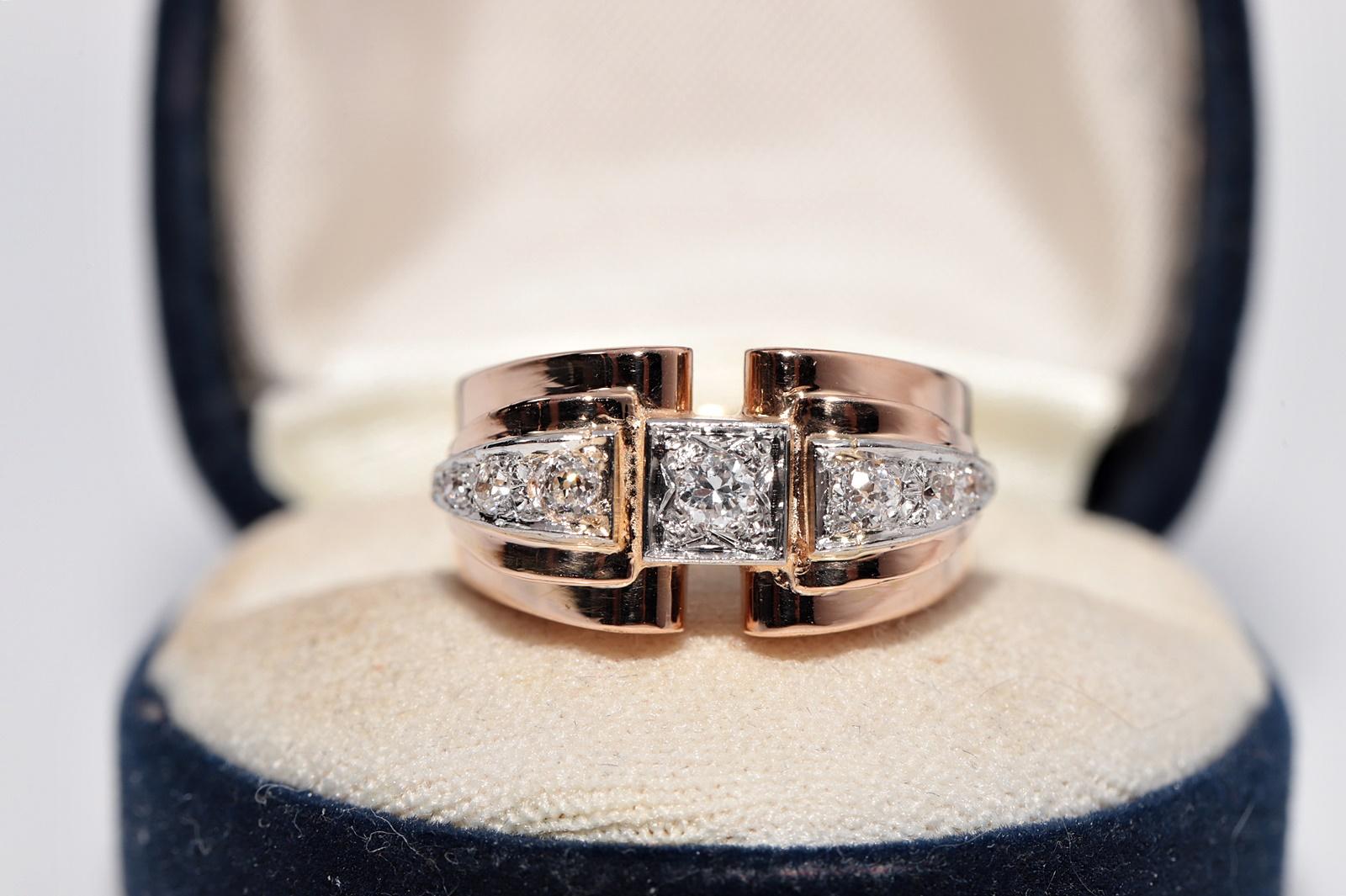 Antique 18k Gold Handcrafted Natural Diamond Decorated Strong Tank Ring In Good Condition For Sale In Fatih/İstanbul, 34