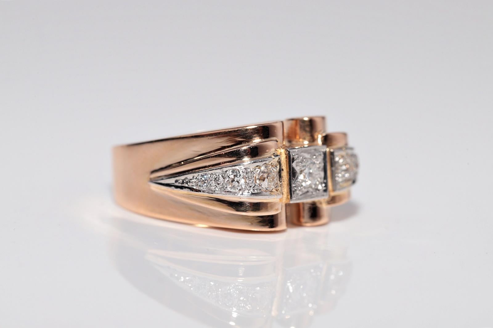 Antique 18k Gold Handcrafted Natural Diamond Decorated Strong Tank Ring For Sale 1