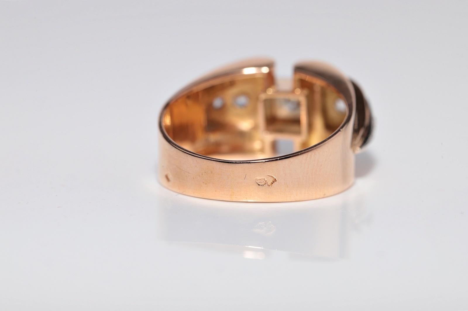 Antique 18k Gold Handcrafted Natural Diamond Decorated Strong Tank Ring For Sale 3